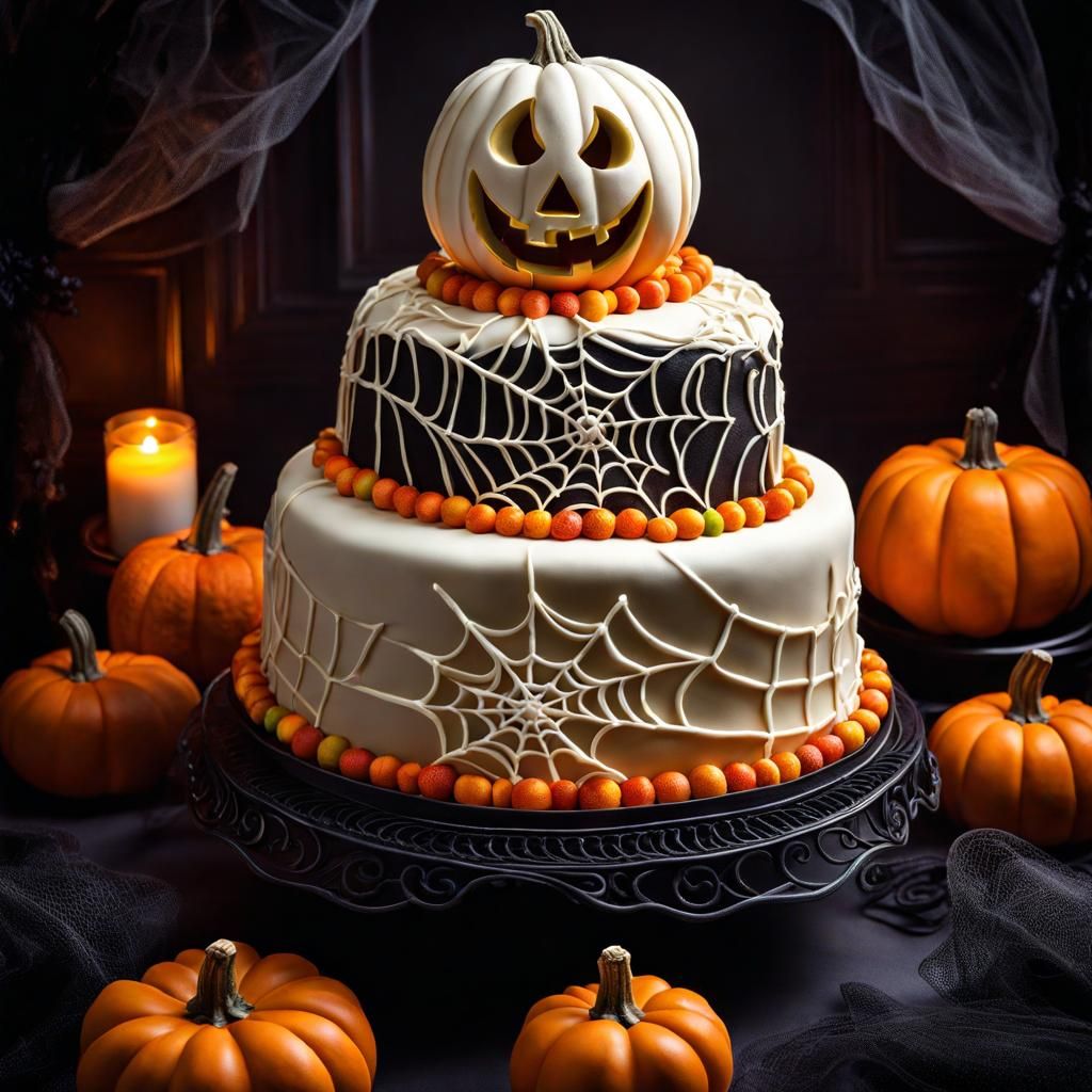 Halloween Cake with Ghosts and Pumpkins in Photorealistic St...