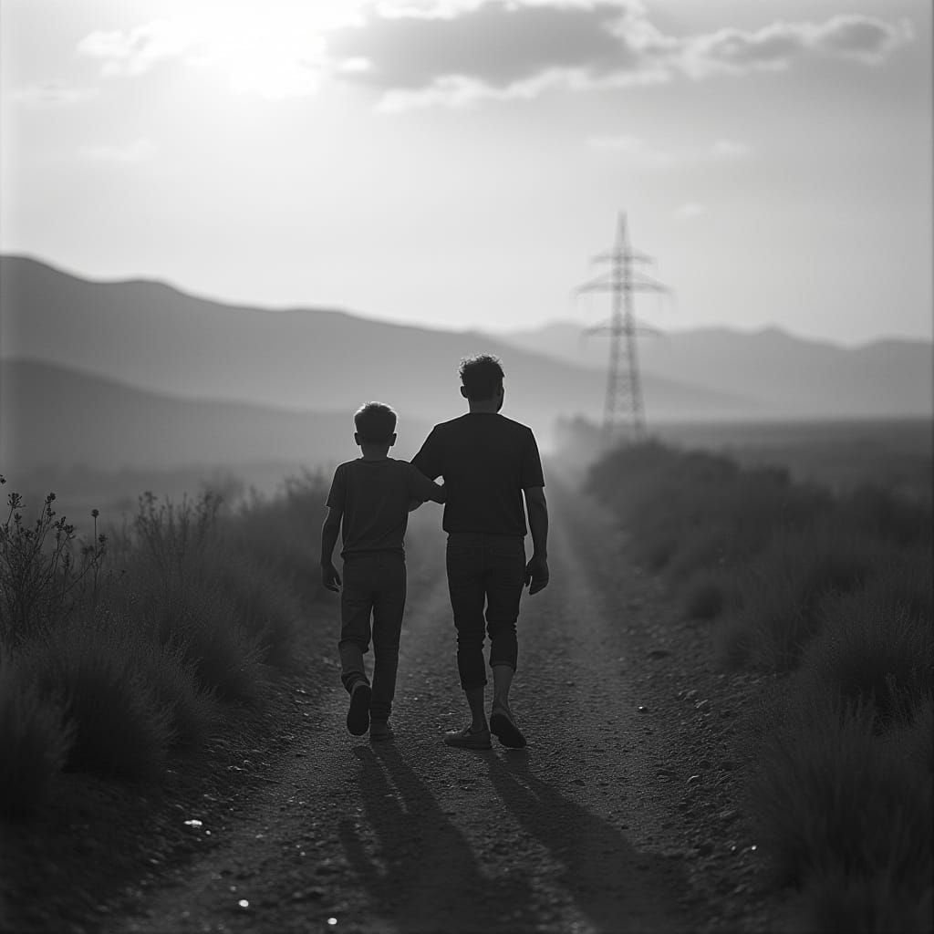 Dramatic Father Son Bonding Moment in a Vintage Black and Wh...