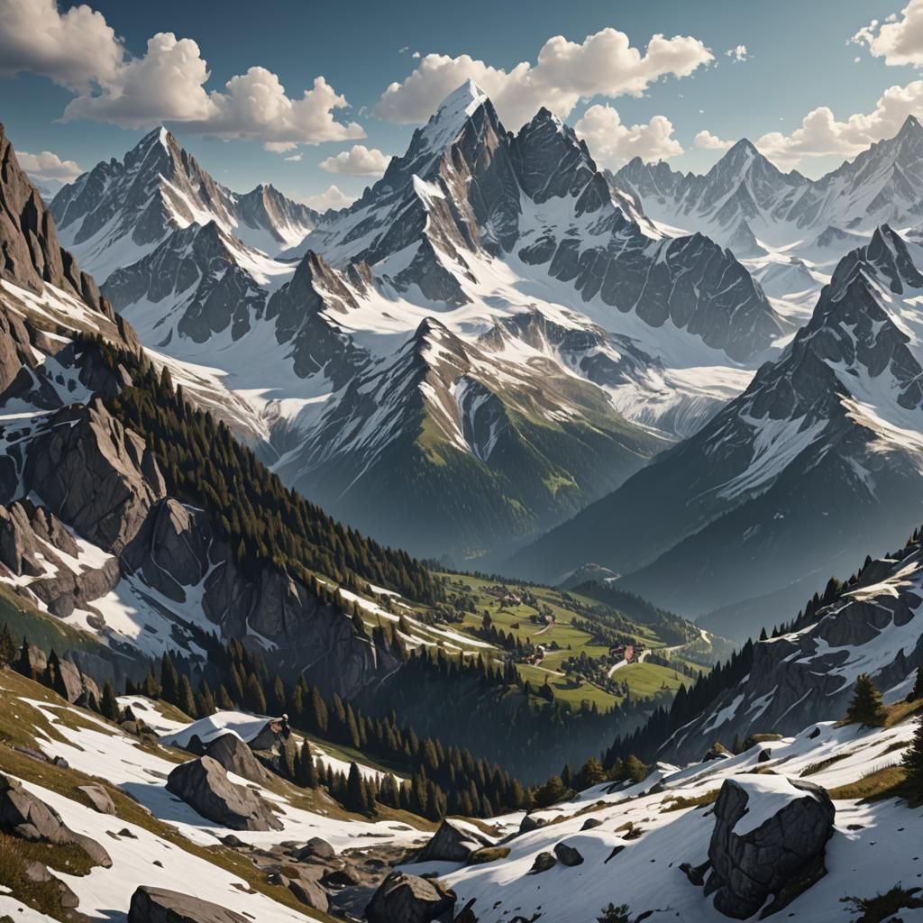 Hyper-Realistic Alpine Landscape in Detailed Matte Painting