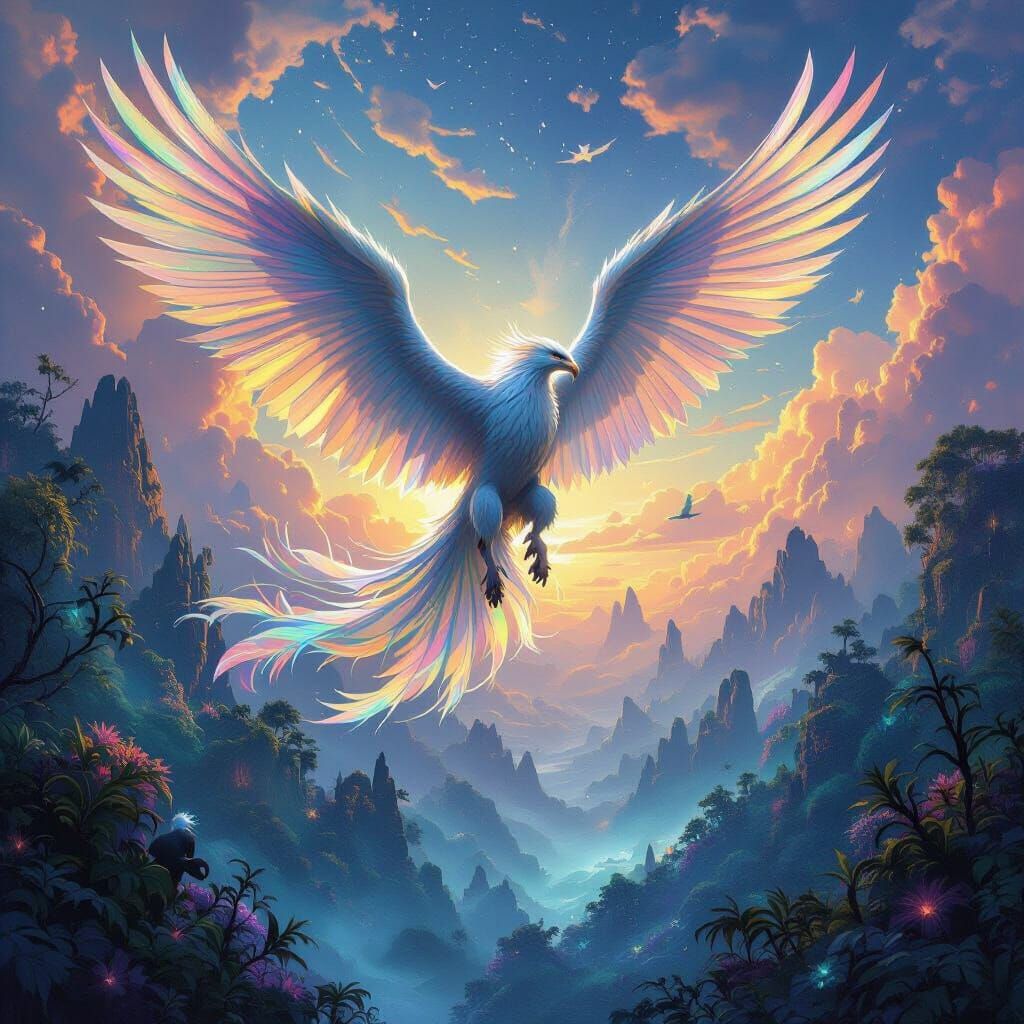 Griffin Soaring Over Bioluminescent Alien Forest