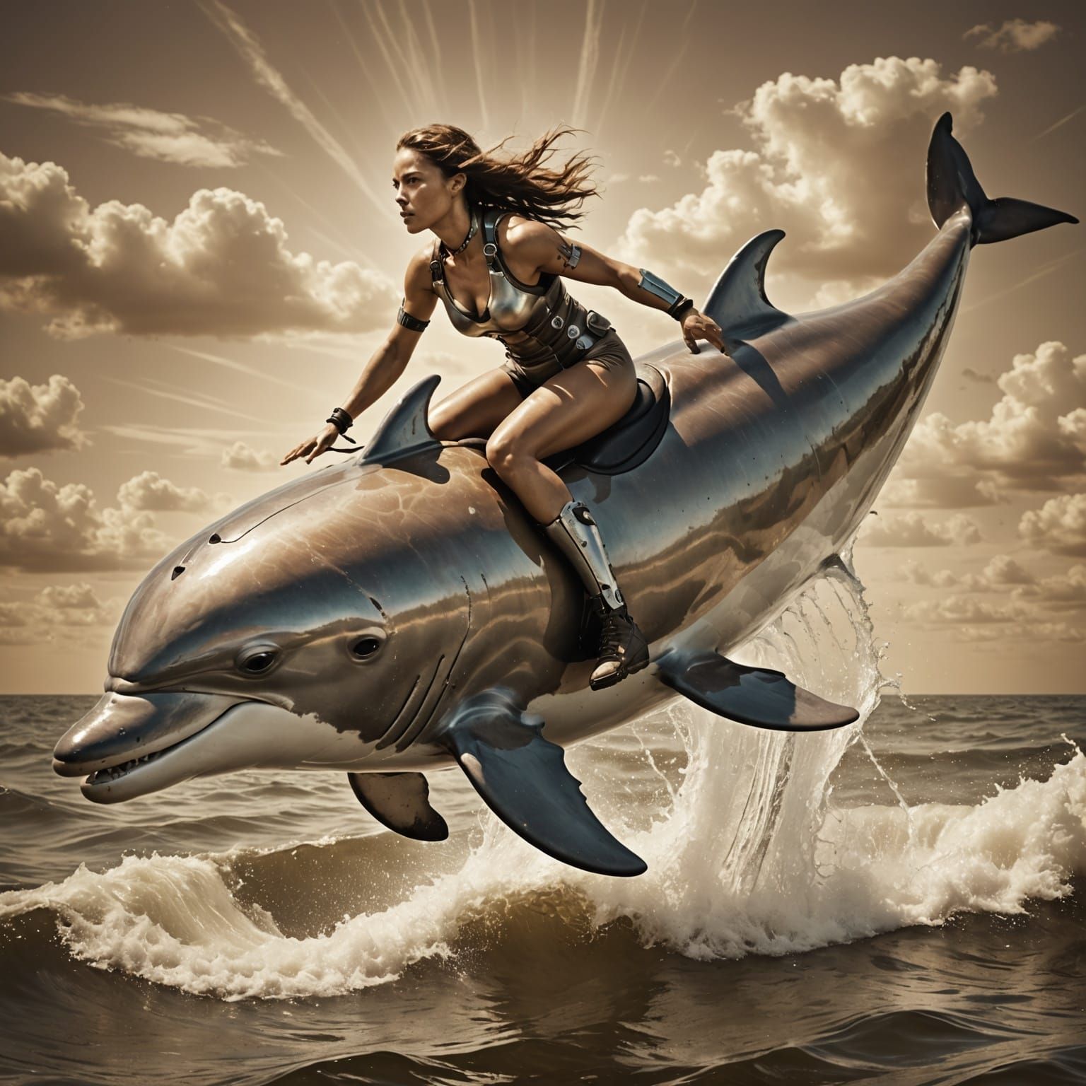 Cyborg Woman Rides Dolphin in Sepia Tones