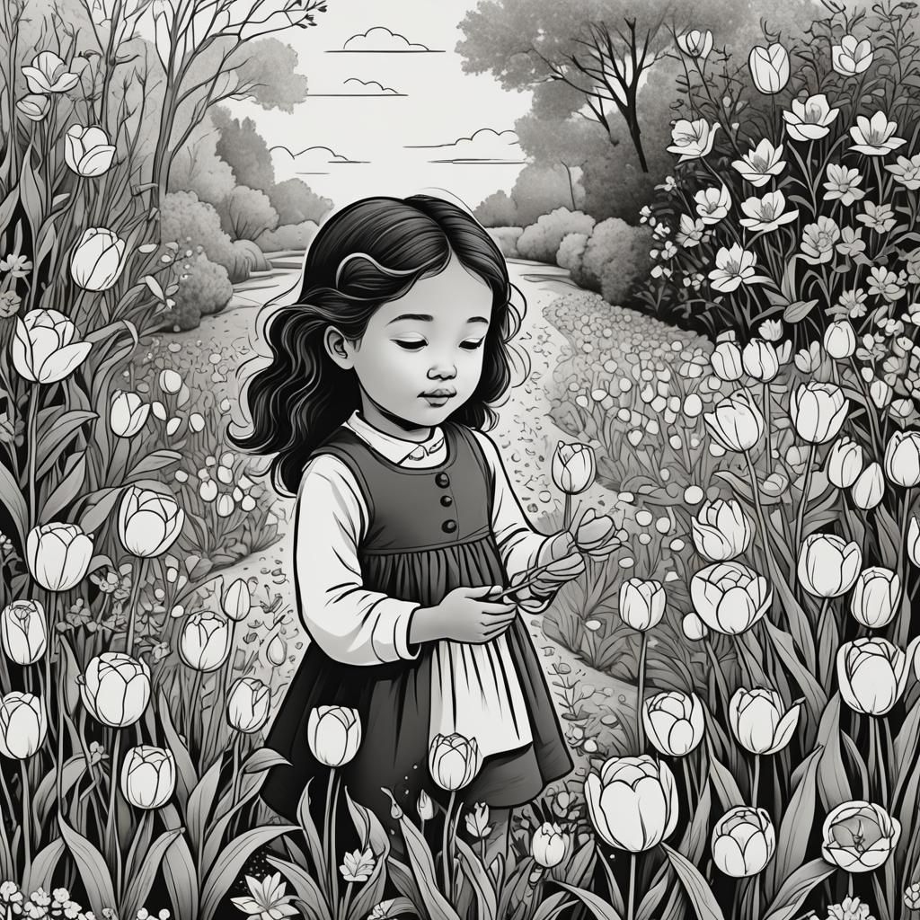 Girl Spinning in Flower Garden: Coloring Book Style