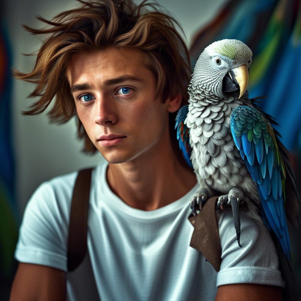 Hyperrealistic Boy with Parrot Portrait