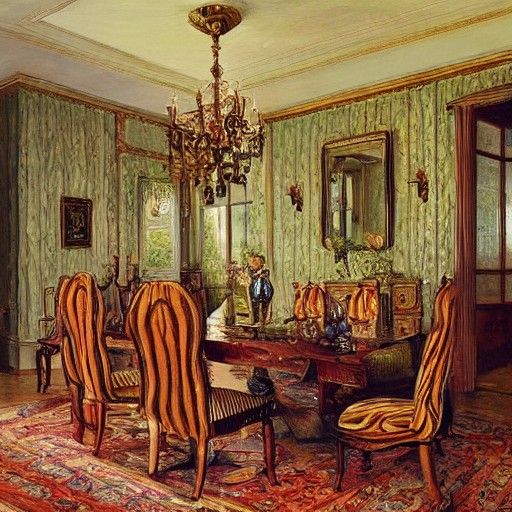 Victorian Dining Room with Breathing Walls, Oil Painting