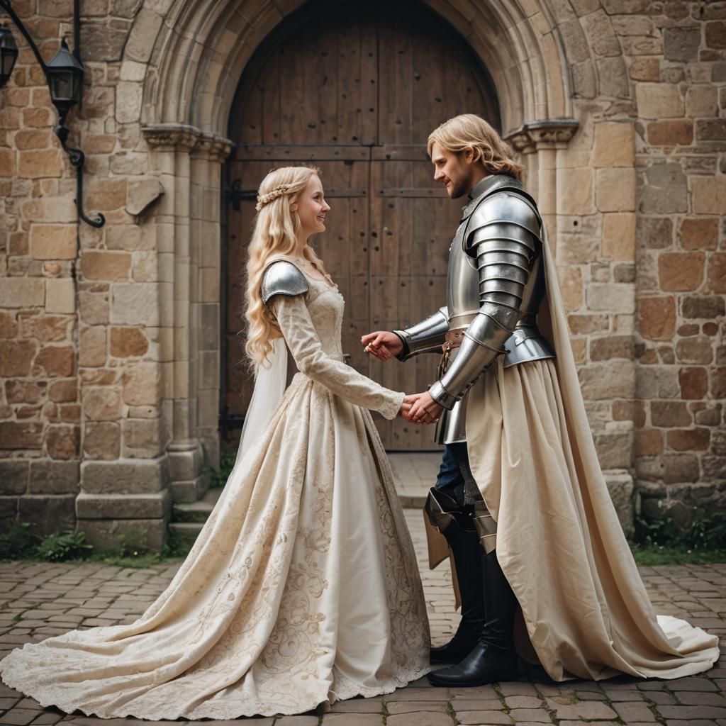 Medieval Wedding: Bride and Knight Holding Hands
