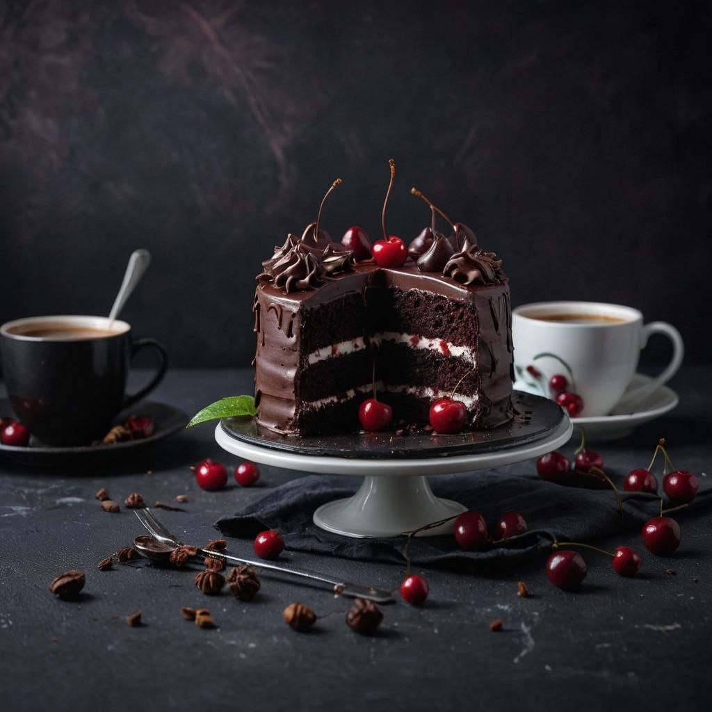 Macro Still Life: Black Forest Cake and Coffee