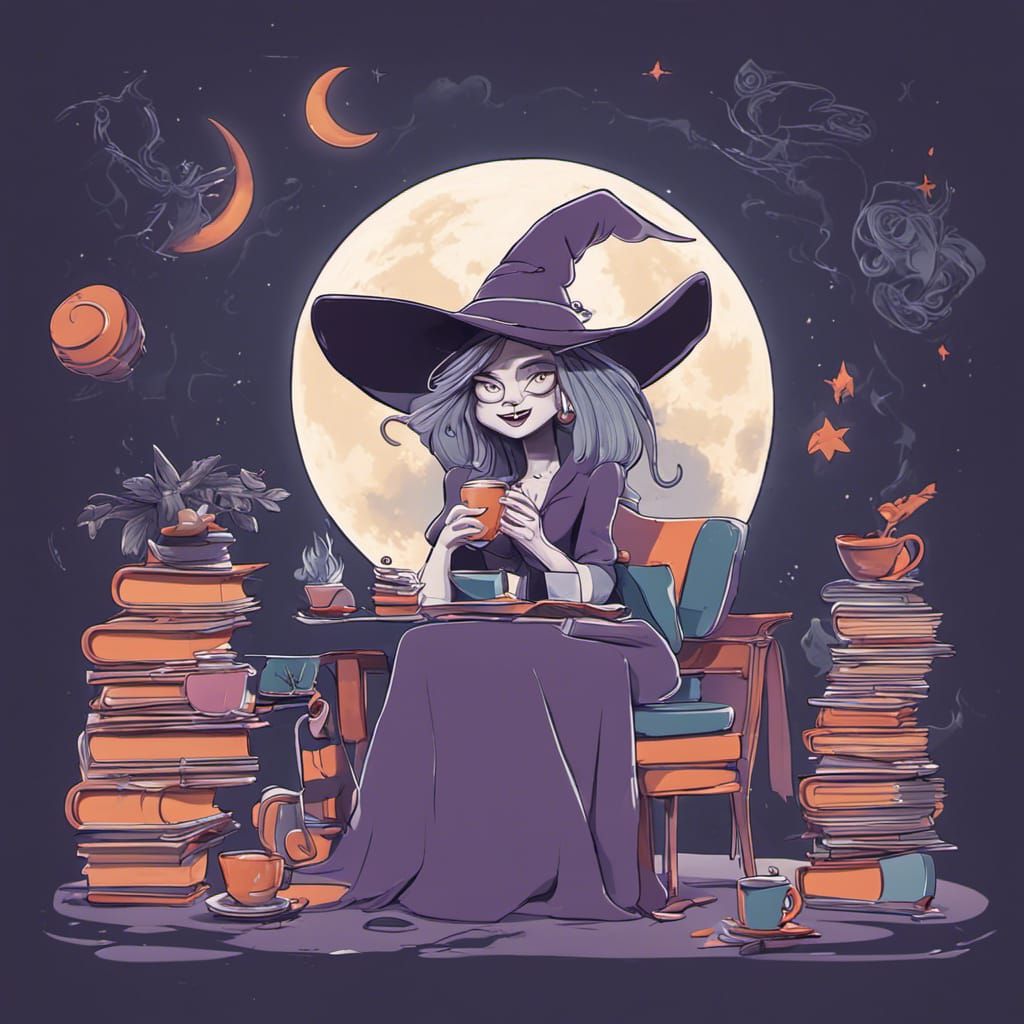 Cartoon Witch Coffee Break: 3D Digital Art