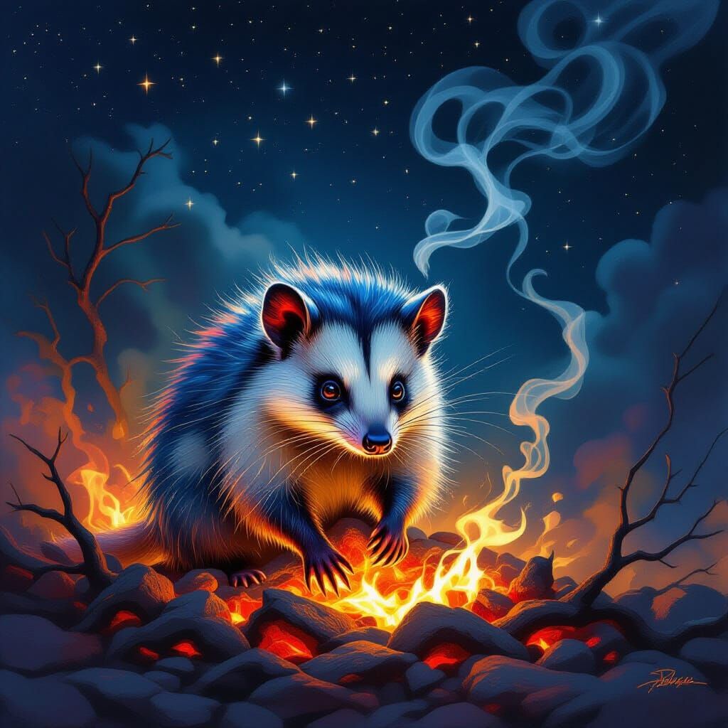 Majestic Opossum Rises From Embers in Fantasy Style