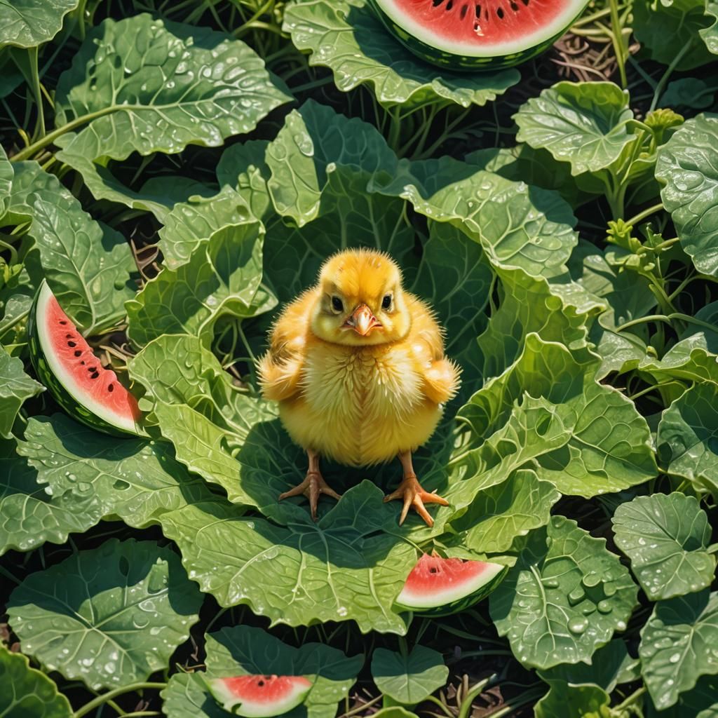 Surreal Chick Hatches from Watermelon in Oil Painting