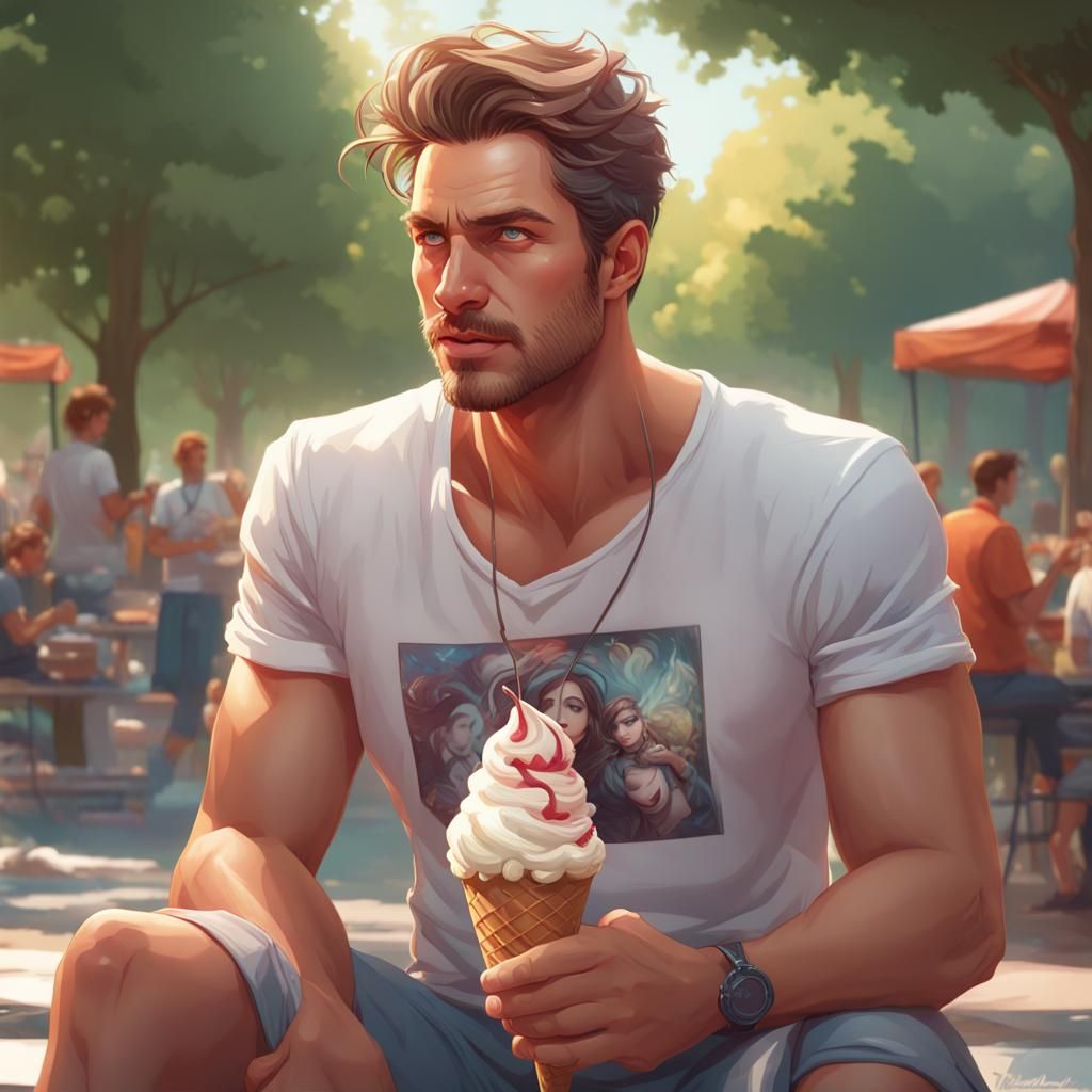 Man Eating Ice Cream in Park, Detailed Portrait