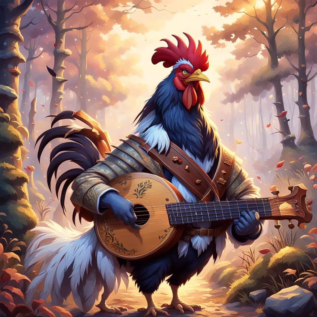 Bard Rooster in Misty Medieval Forest