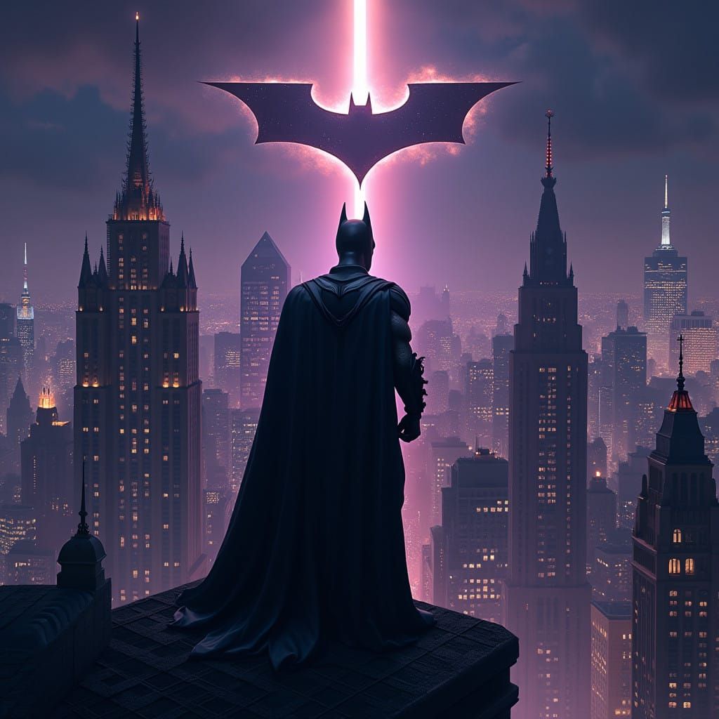 Batman in Gotham City Under the Nighttime Bat Signal