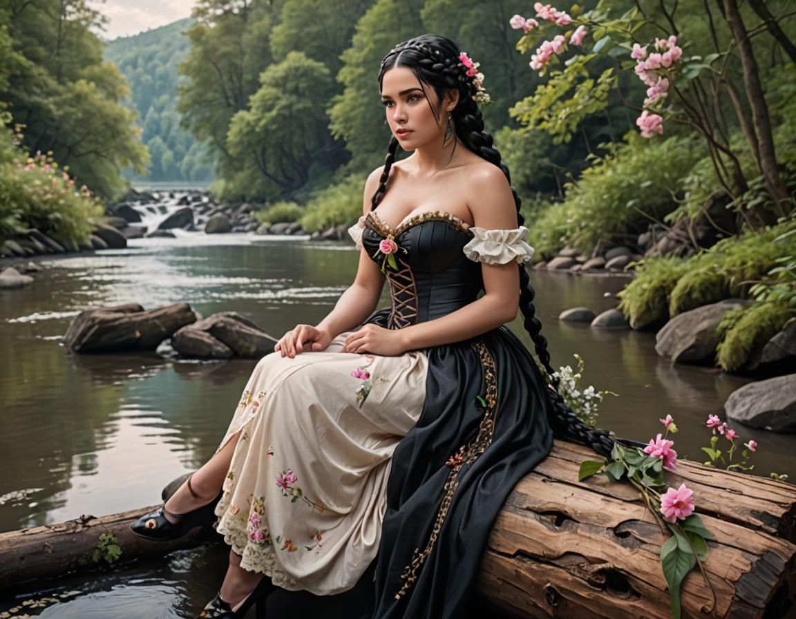 Princess with Braids and Flowers by a River