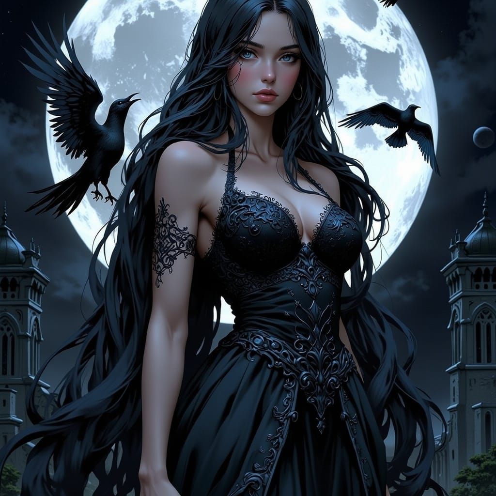Mysterious Woman in Gothic Castle with Ravens