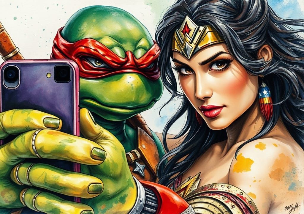 Ninja Turtle and Wonder Woman Selfie, Vivid Acrylic Portrait