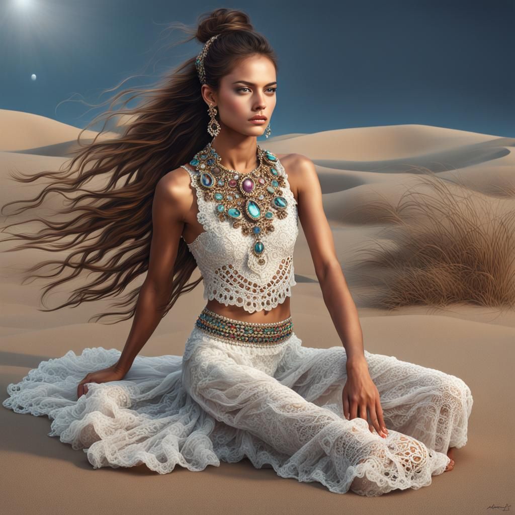 Brunette Supermodel in Crocheted Bejeweled Outfit