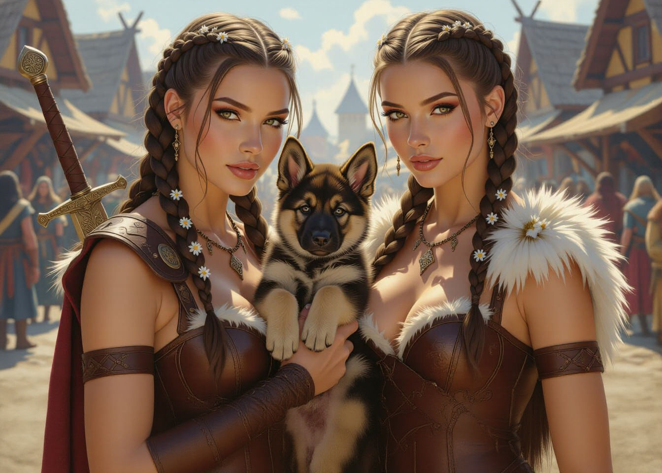 Viking Women with Edelweiss and German Shepherd, Medieval To...