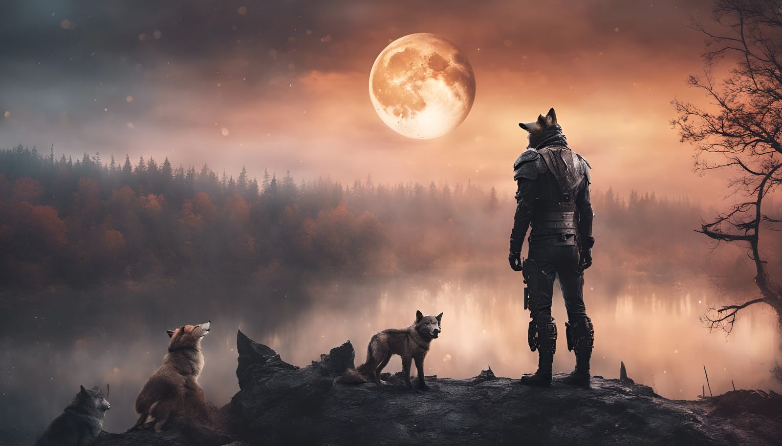 Sci-Fi War Hero Conquers Zombie Wolf in Fantasy Landscape