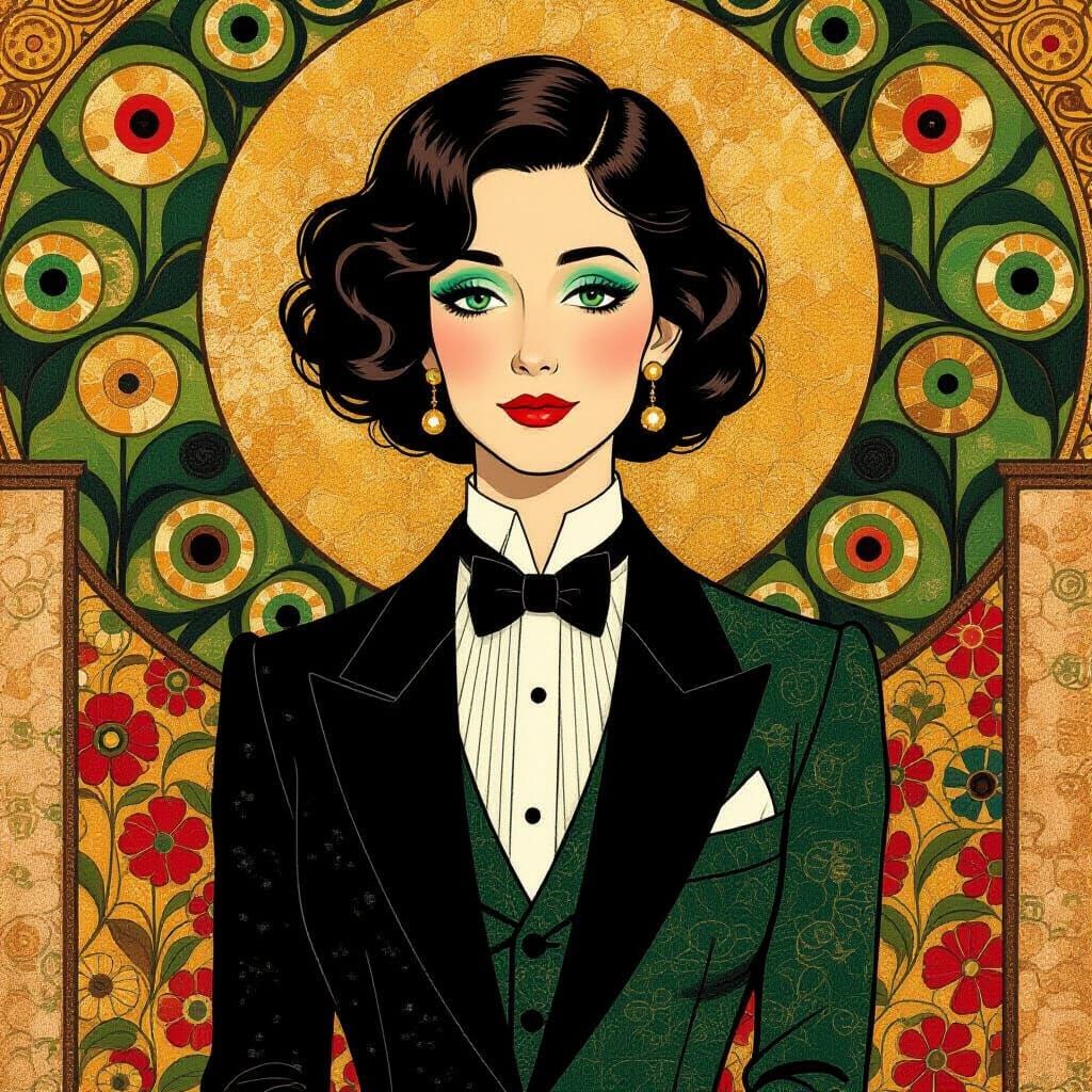 Green-Skinned Celebrity in Klimt-Inspired Art Nouveau Style