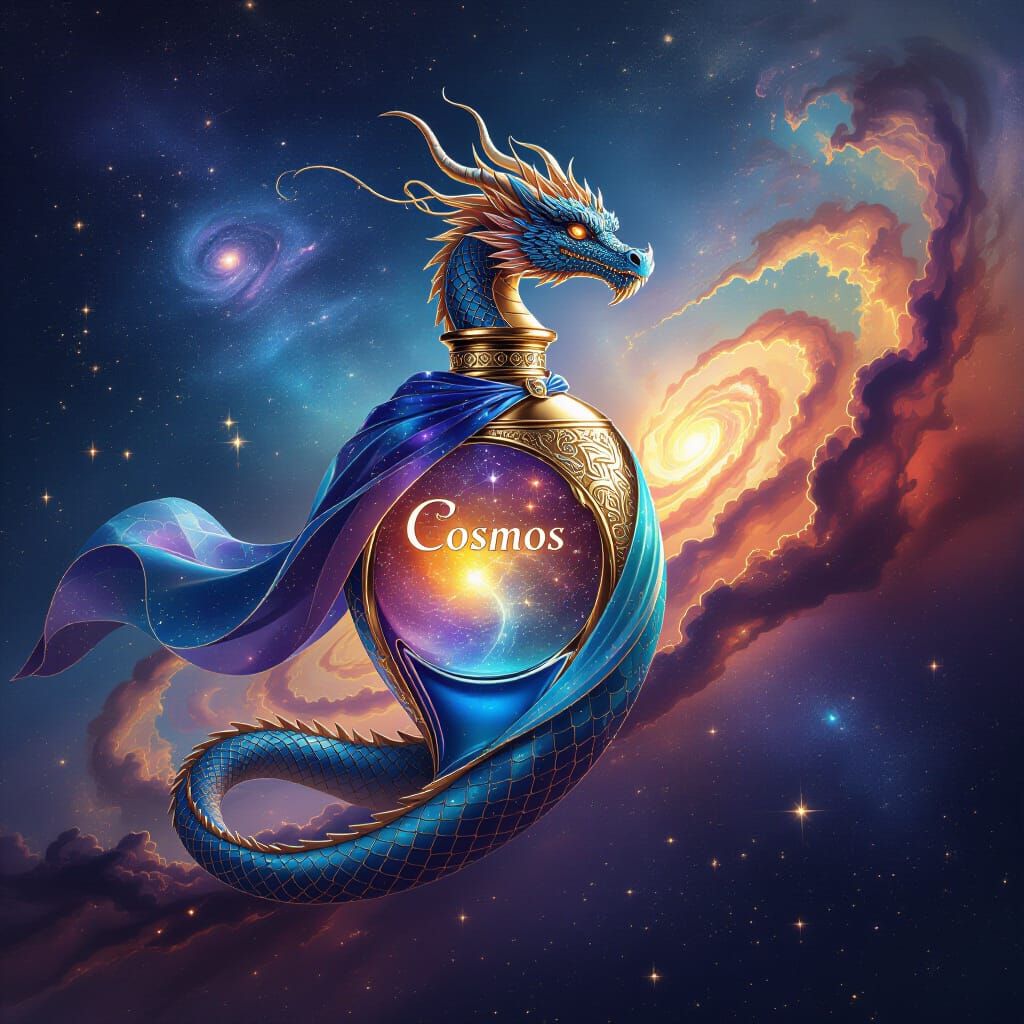 Dragon Perfume Bottle Soaring Through Nebula, in Art Nouveau...