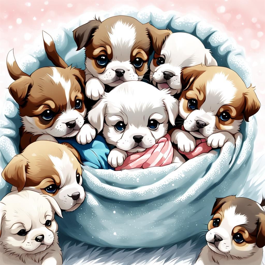 Anime Style Newborn Puppies Illustration