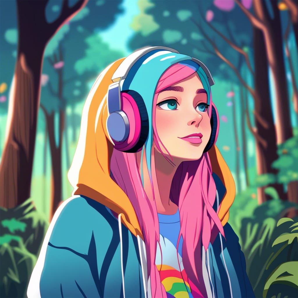 Animated Teenage Girl with Headphones in Nature