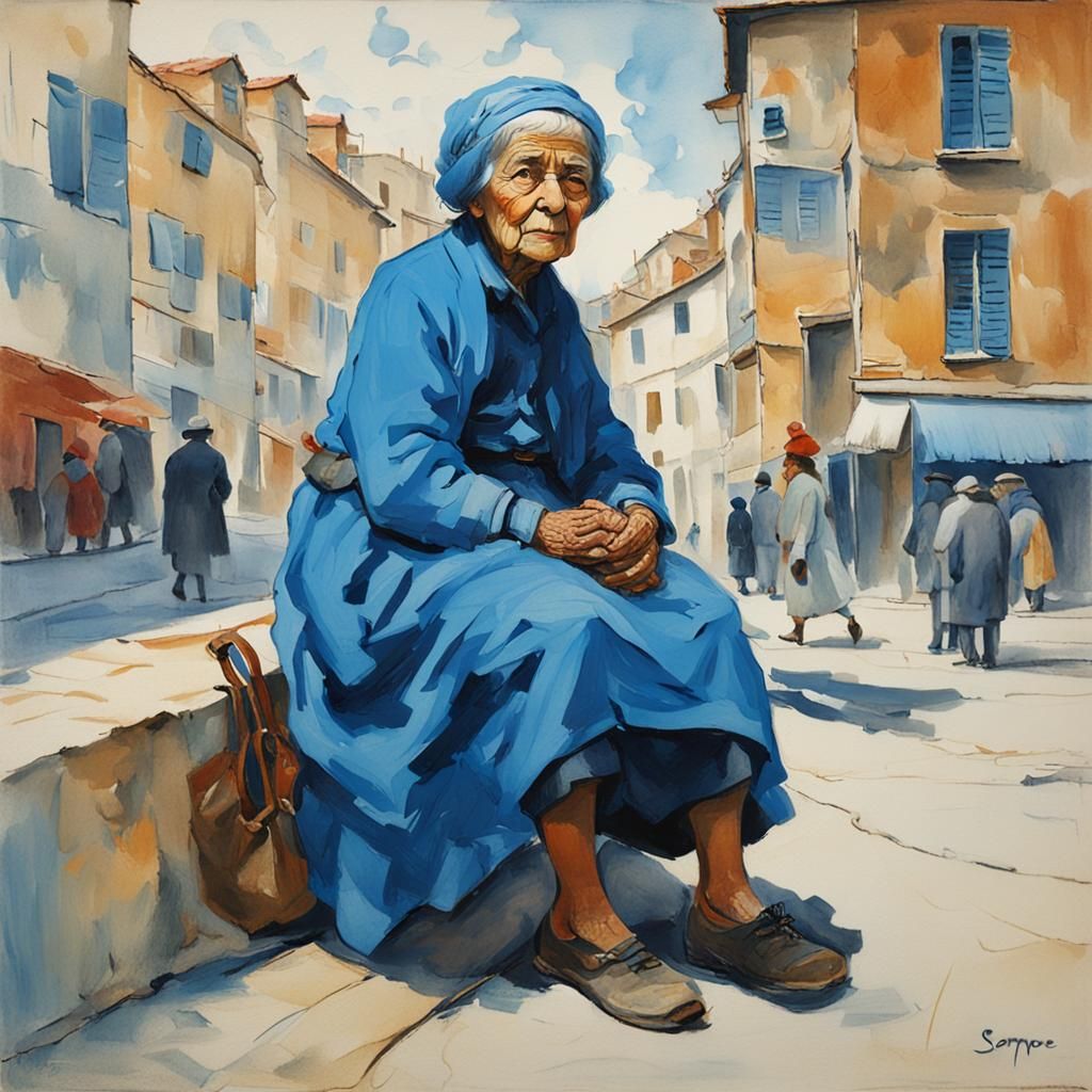 Whimsical Cityscape with Elderly Woman