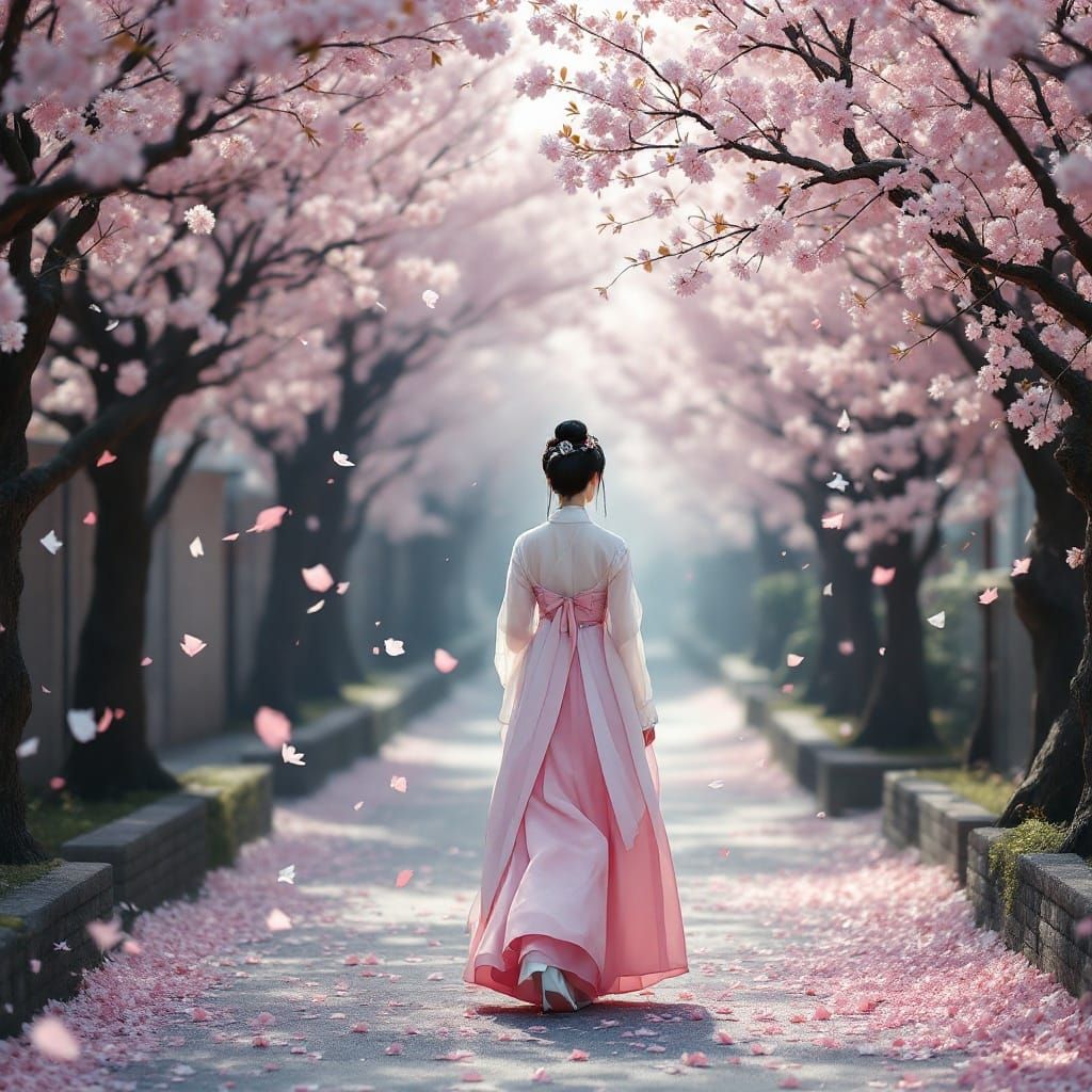 Korean Goddess in Pastel Hanbok Amidst Cherry Blossoms