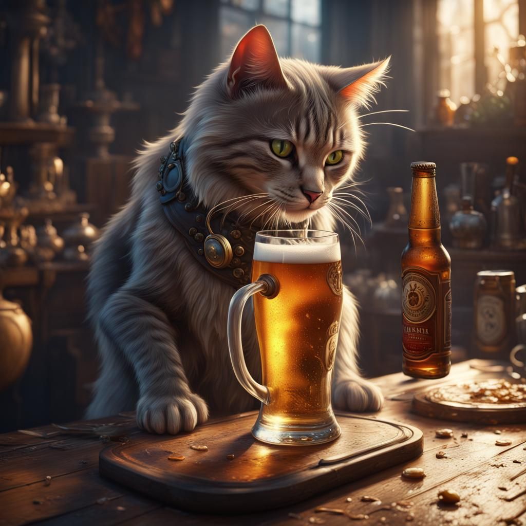 Cat Drinks Beer: Detailed Fantasy Art