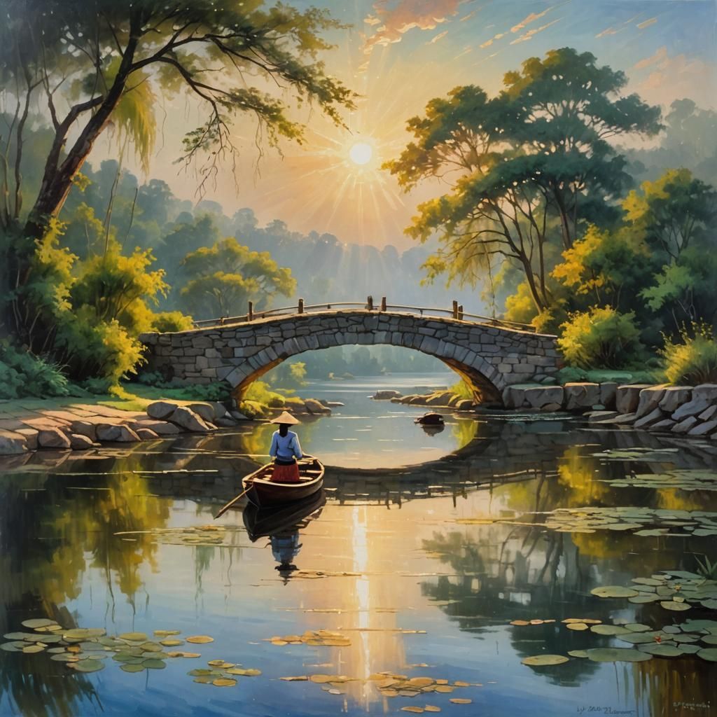 Stone Bridge Reflection: Oil Painting with Woman