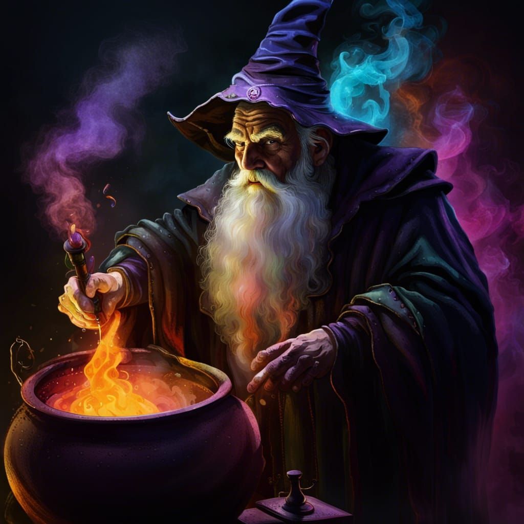 Sinister Wizard Brews Potion: Oil Painting