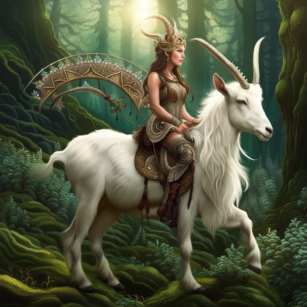 Goddess Rides Magical Goat Buck Through Forest