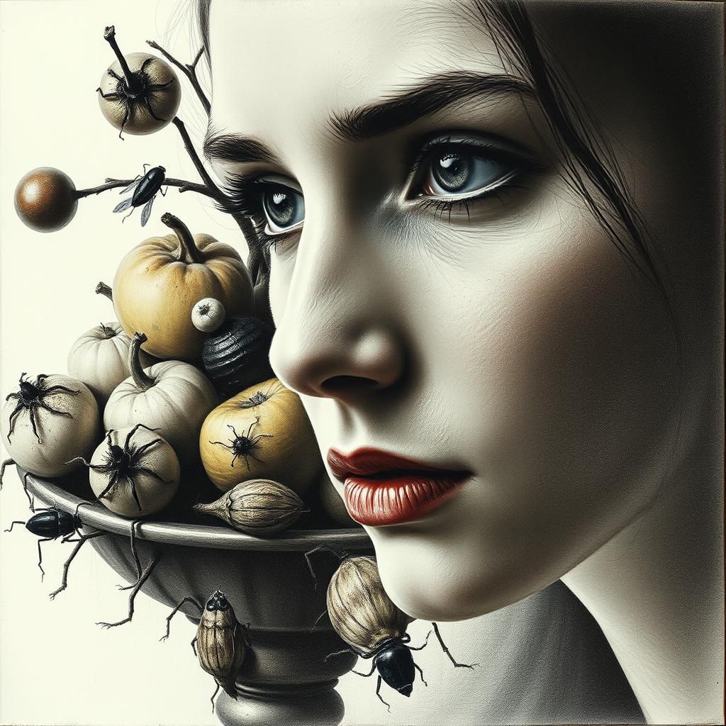 Contemplative Woman with Decaying Still Life in Charcoal