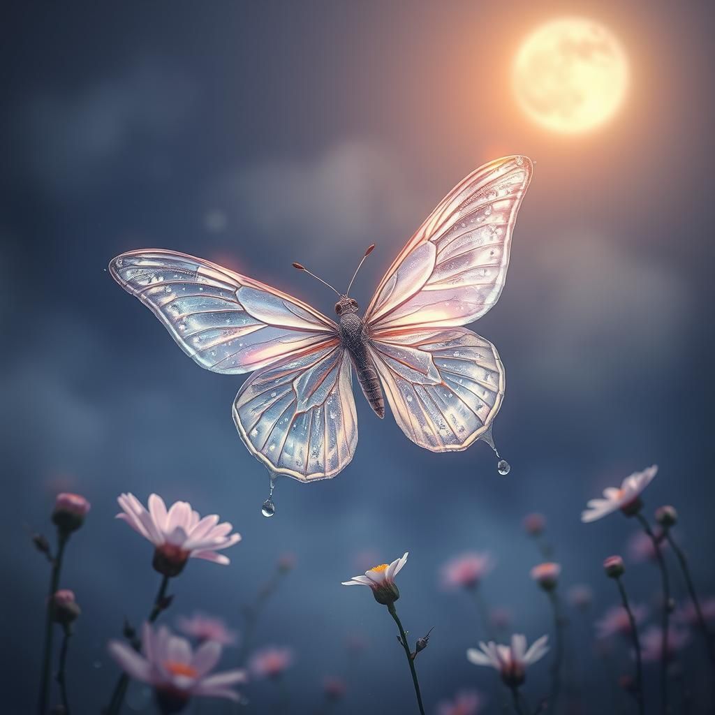 Iridescent Butterfly in Dreamy Lunar Landscape
