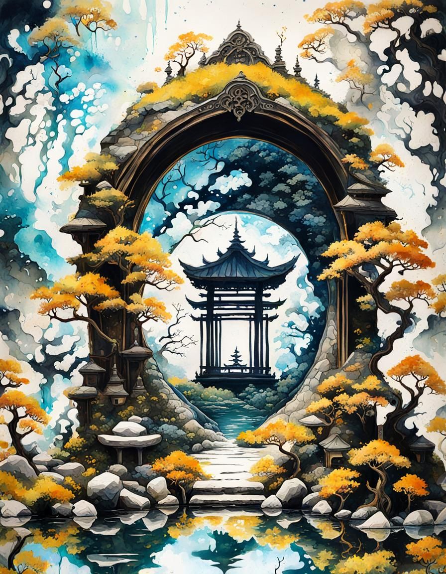 Surreal Japanese Garden of Life Painting