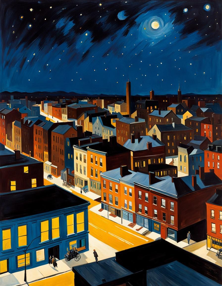 1940s Cityscape at Night in American Realist Style