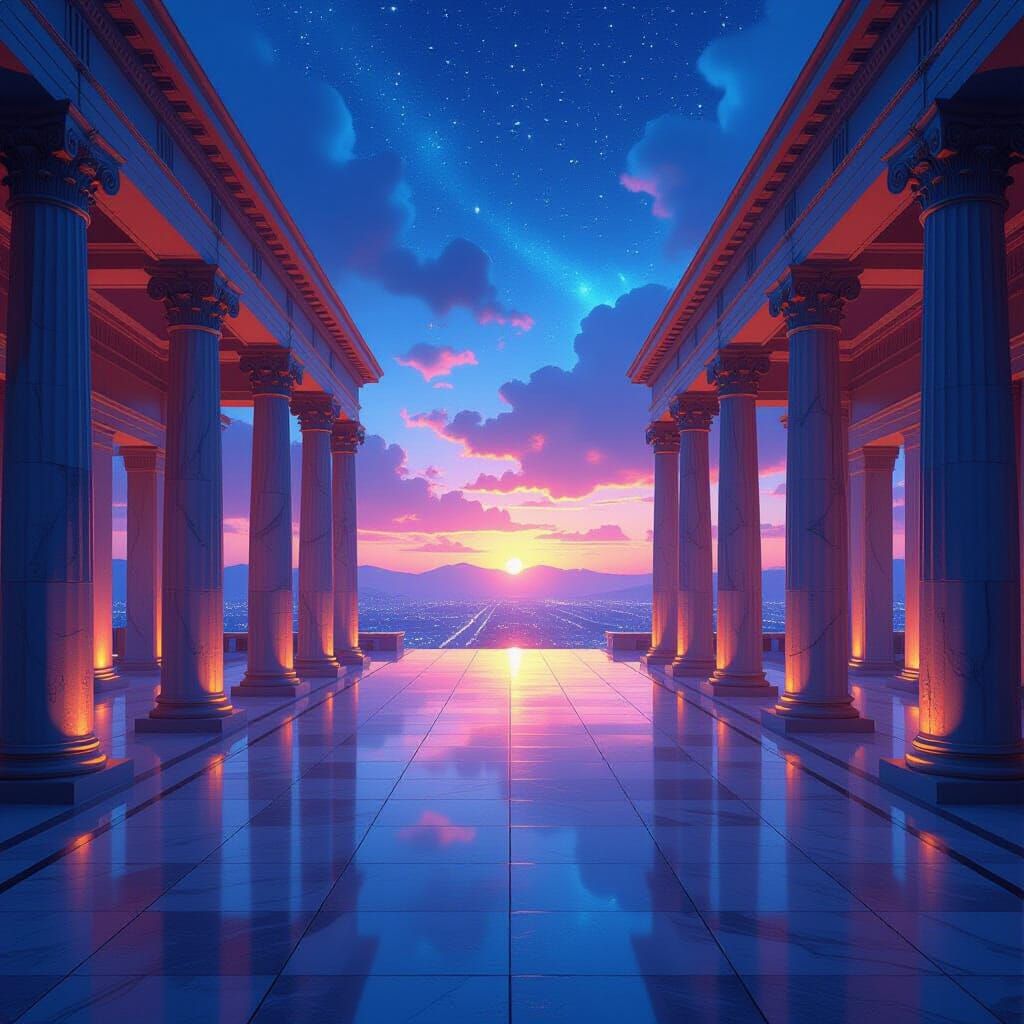 Futuristic City Courtyard with Greek Pillars