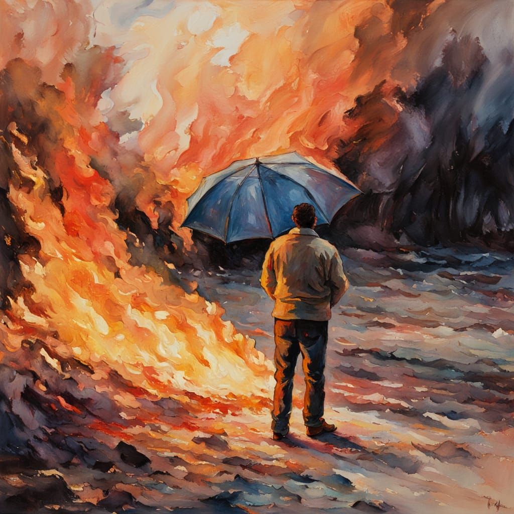 Figure in Fiery Embers, Gouache and Watercolor Style