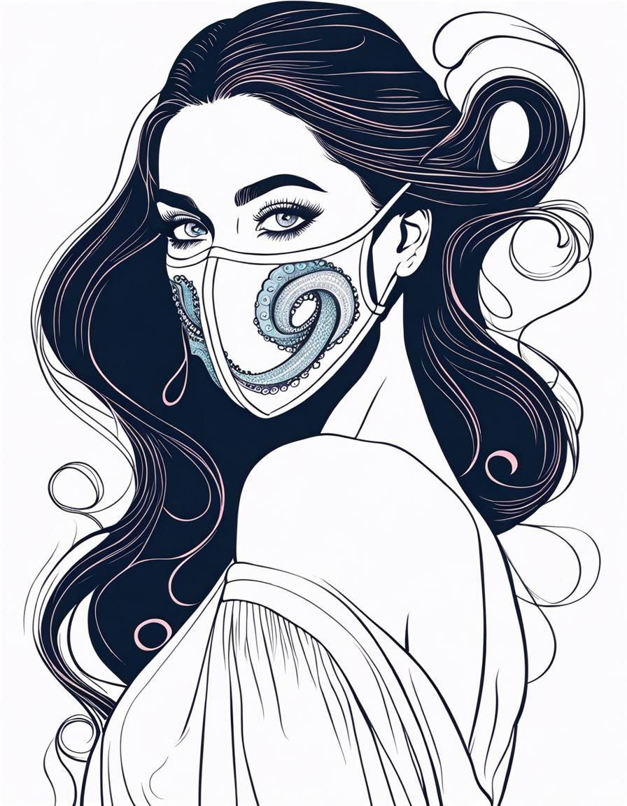 Woman with Octopus Mask: Single Line Drawing