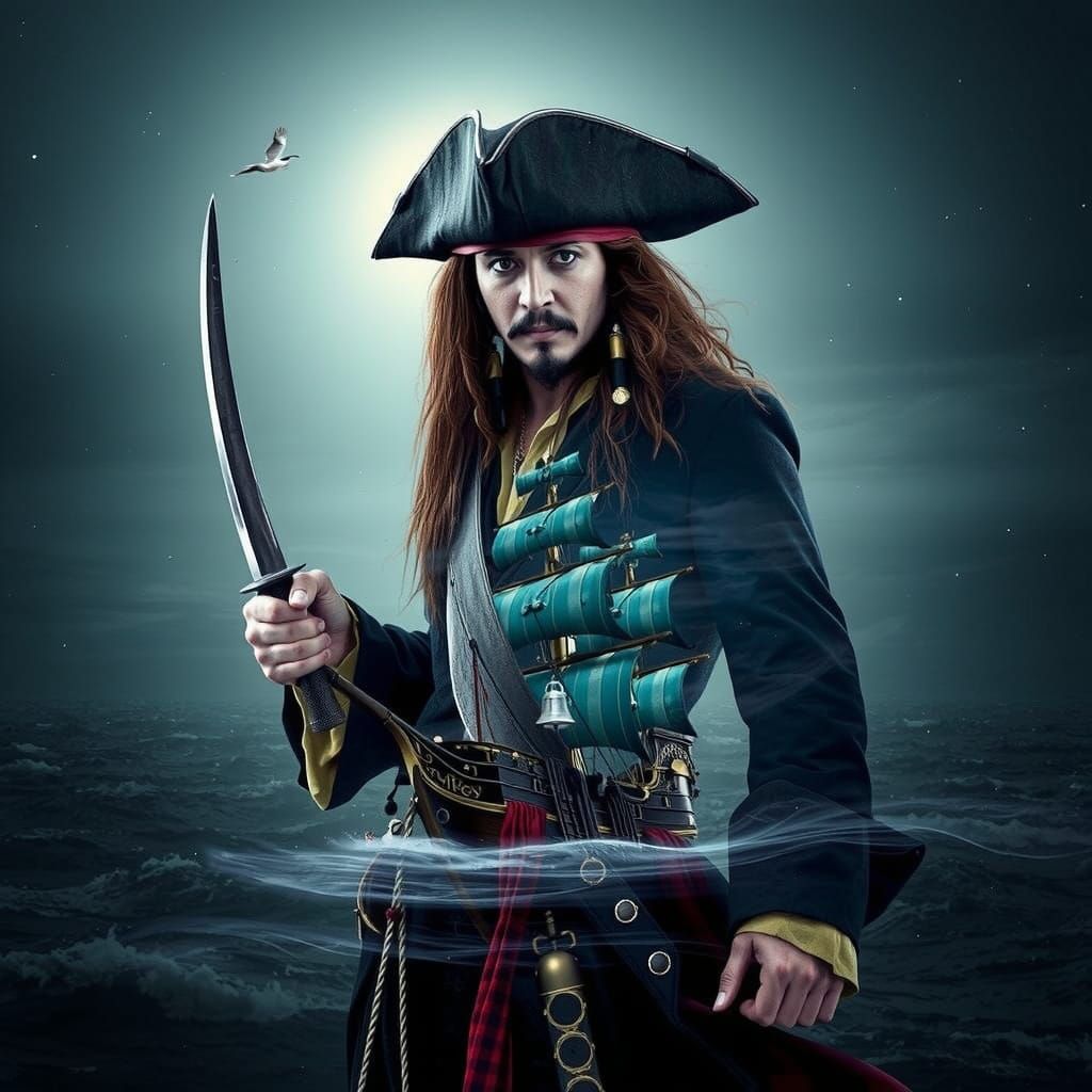 Double exposure of the Captain Jack Sparrow with the Black Pearl