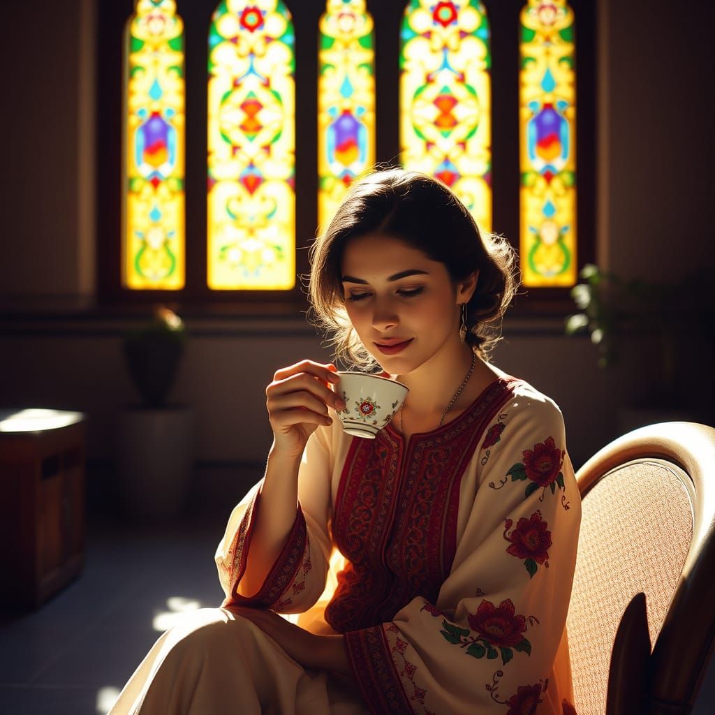 Contemplative Woman in Sunlit Courtyard, Cinematic Still