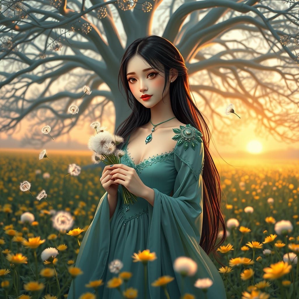 Surreal Dandelion Goddess in Teal Gown with Green Jewels and...