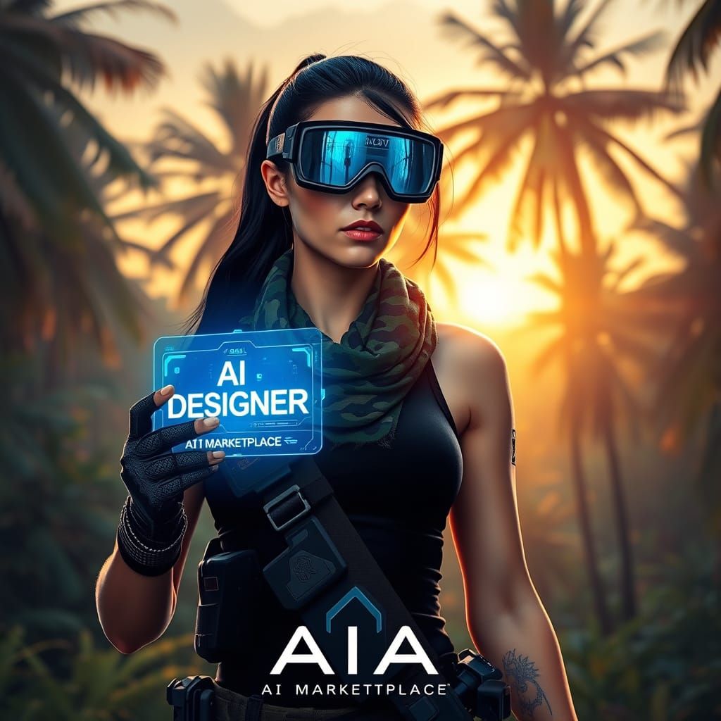 Futuristic Warrior Emerges from Tropical Jungle at Dawn