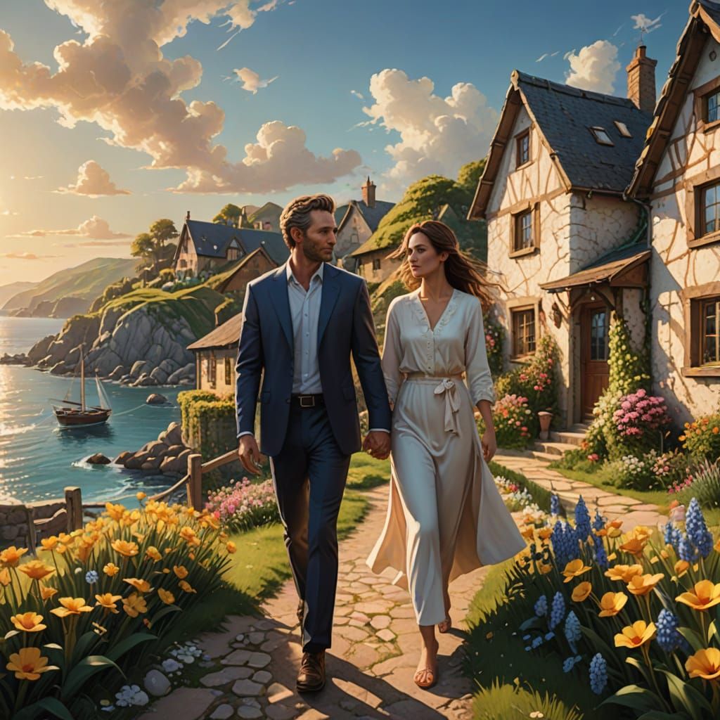 A Serene Coastal Village Scene in Photorealistic Detail