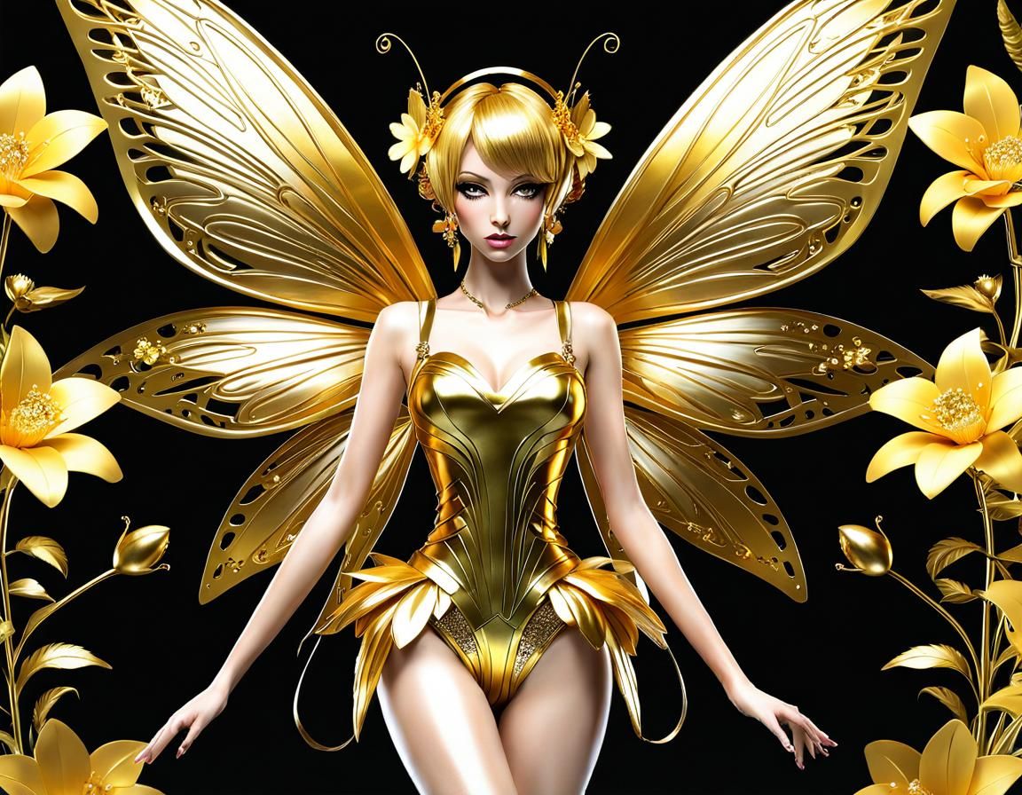 Golden Technocore Flower Fairy in Goldenpunk Style