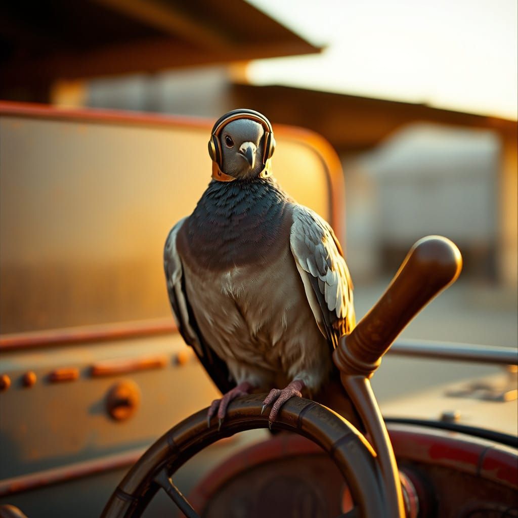 Vintage Carrier Pigeon Pilot in a Rusty Calhambeque