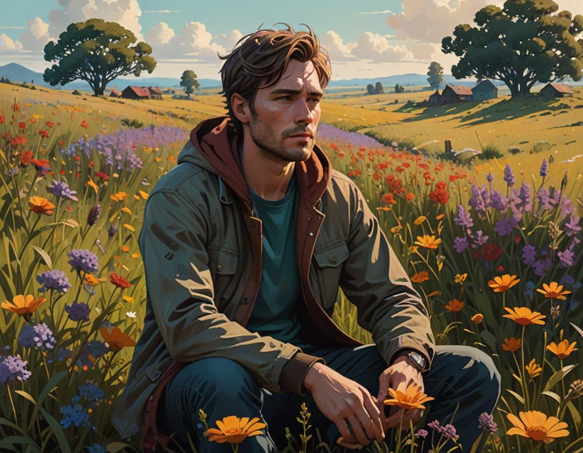 Young Man in Contemplative Repose Among Vibrant Wildflowers