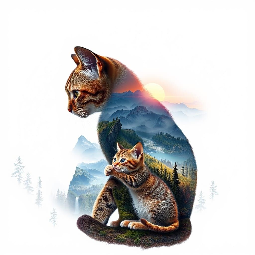 Surreal Cat Landscape in Double Exposure Digital Art