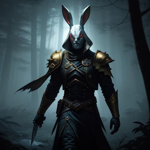 Eerie Bunny Figure in Mystical Forest Art