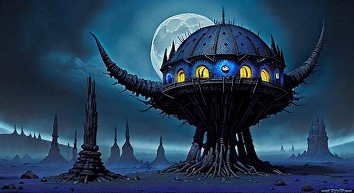 Epic Dark Fantasy Sci-Fi Landscape with Blue Moon